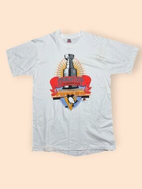 Vintage Pittsburgh Penguins 1991 Stanley Cup Champions T Shirt Men’s XL White